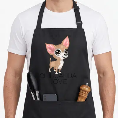 Tablier de cuisine noir avec illustration colorée d'un chihuahua aux grands yeux et texte CHIHUAHUA LOVE en bas.