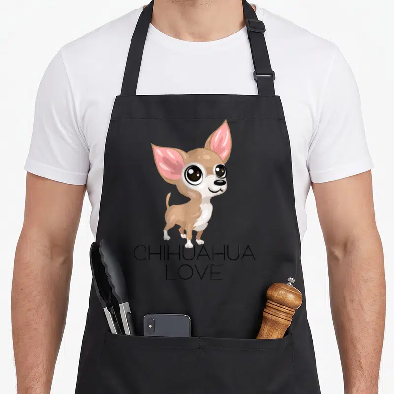 Tablier de cuisine noir avec illustration colorée d'un chihuahua aux grands yeux et texte CHIHUAHUA LOVE en bas.