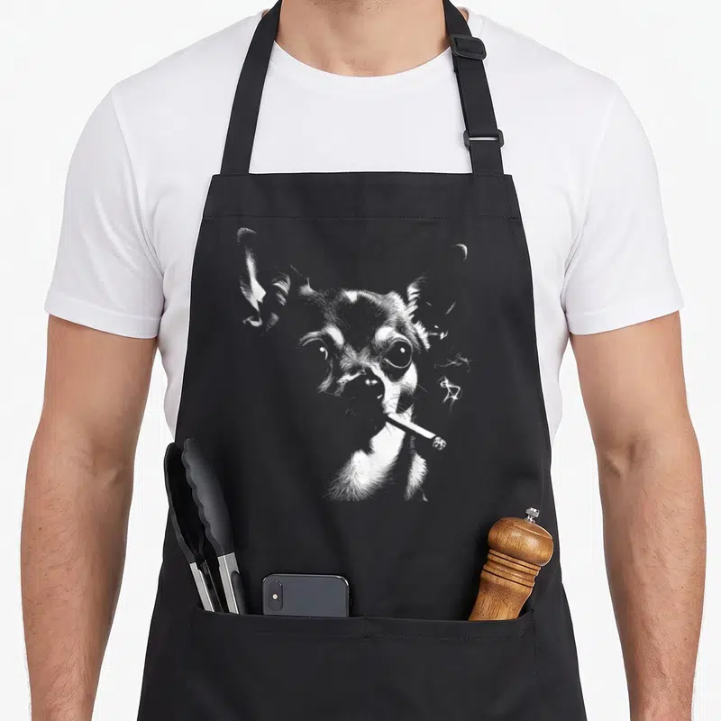 Tablier de cuisine noir avec illustration blanche d'un Chihuahua fumant une cigarette.
