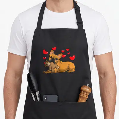 Tablier de cuisine noir avec illustration d'un bouledogue français tenant une peluche et des cœurs rouges flottants.
