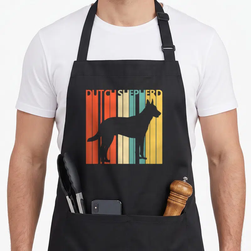 Tablier de cuisine noir avec silhouette chien et texte « DUTCH SHEPHERD » sur bandes colorées