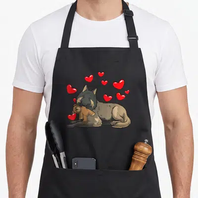 Tablier de cuisine noir avec un Berger belge Tervueren tenant une peluche et des cœurs rouges autour.