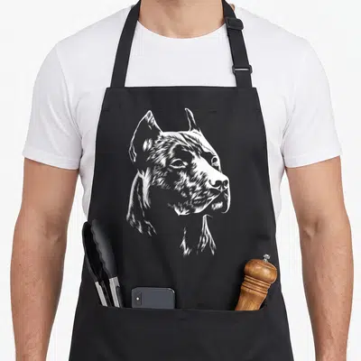 Tablier de cuisine noir avec portrait stylisé en blanc d'un Pitbull Terrier Américain de profil sur fond uni.