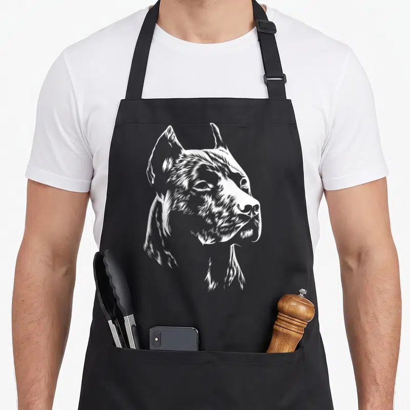 Tablier de cuisine noir avec portrait stylisé en blanc d'un Pitbull Terrier Américain de profil sur fond uni.