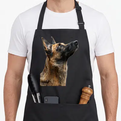Tablier de cuisine noir avec un portrait réaliste et détaillé d'un Malinois belge regardant vers le haut.