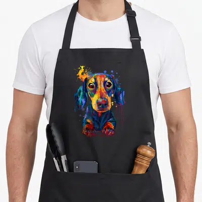 Tablier de cuisine noir avec un teckel peint aux couleurs vives et des éclaboussures artistiques autour du visage.