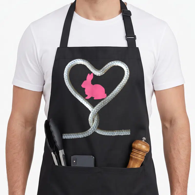 Tablier de cuisine noir avec silhouette de lapin rose et cœur formé par une corde blanche tressée.