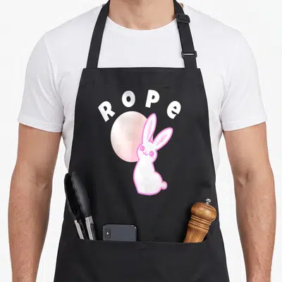 Tablier de cuisine noir avec un lapin rose stylisé et le mot ROPE en blanc au-dessus d'un cercle pastel.