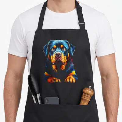Tablier de cuisine noir avec illustration colorée d'un Rottweiler au pelage bleu et taches orange vif.