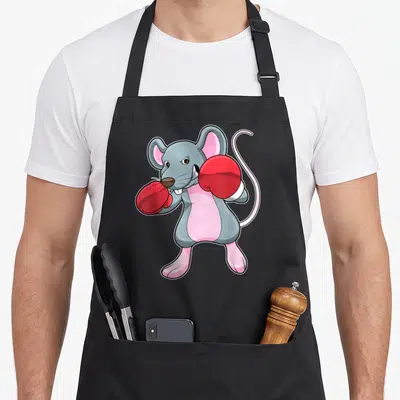Tablier de cuisine noir avec un rat gris portant des gants de boxe rouges sur le devant.