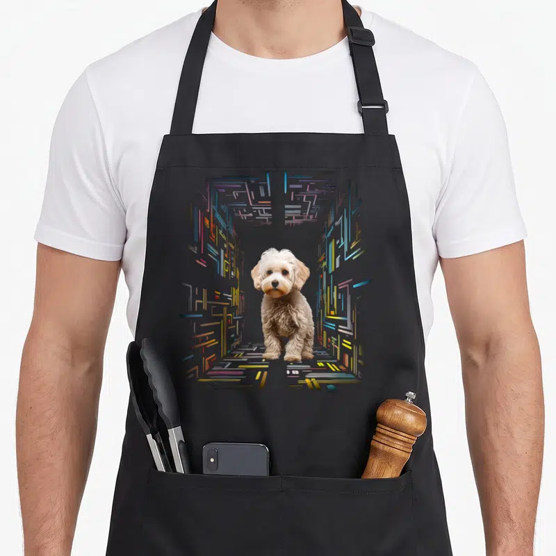 Tablier de cuisine noir avec illustration caniche coloré entouré de lignes géométriques multicolores formant un tunnel graphique.