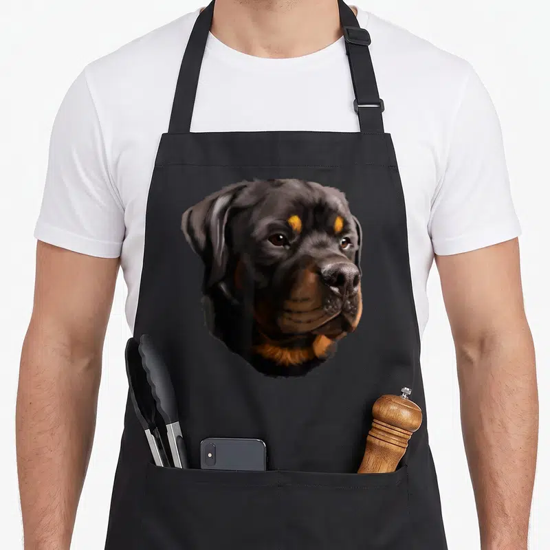 Tablier de cuisine noir avec portrait réaliste d'un Rottweiler aux yeux doux et au pelage noir et feu.