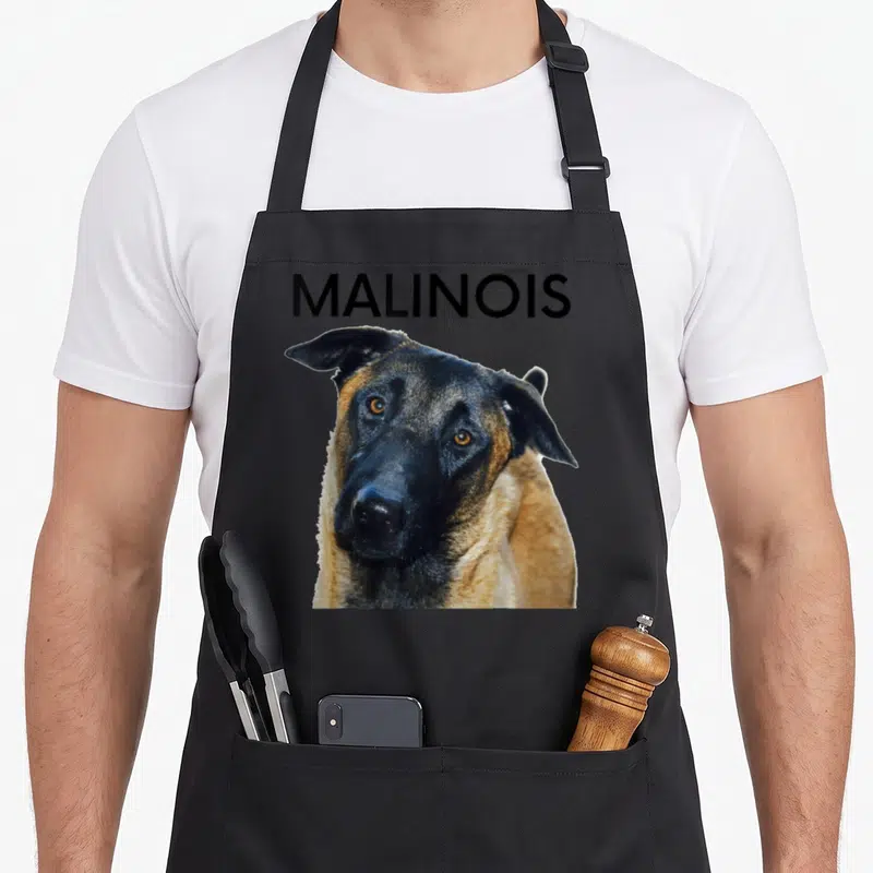 Tablier de cuisine noir avec portrait réaliste d'un chien Malinois et le texte MALINOIS en haut.