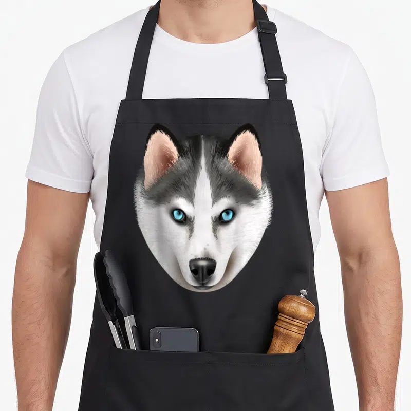 Tablier de cuisine noir avec le portrait détaillé d'un chien Husky de Sibérie aux yeux bleus vifs.