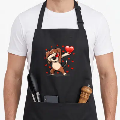 Tablier de cuisine noir avec illustration d'un Beagle effectuant un dabburgers tenant un cœur rouge sous des lunettes de soleil.
