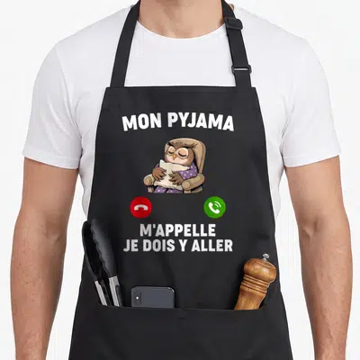 Tablier de cuisine noir avec hibou en pyjama et texte Mon pyjama m'appelle je dois y aller