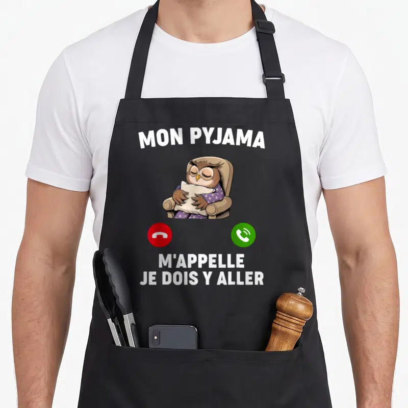 Tablier de cuisine noir avec hibou en pyjama et texte Mon pyjama m'appelle je dois y aller