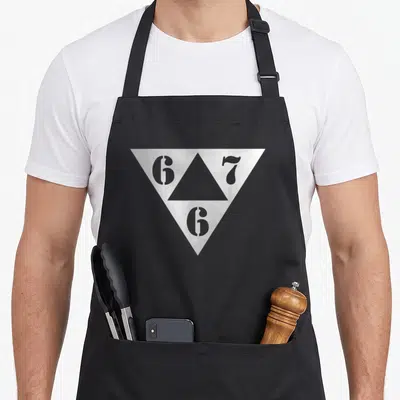 Tablier de cuisine noir avec un grand triangle inversé argenté contenant les chiffres 6, 7 et 6 en pochoir.
