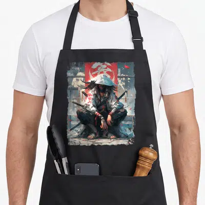 Tablier de cuisine noir avec illustration d'un samouraï urbain masqué aux katana et casque conique, sur fond rouge et bleu.