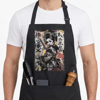 Tablier de cuisine noir avec illustration d'une geisha aux idéogrammes japonais et katana dans un style collage urbain.