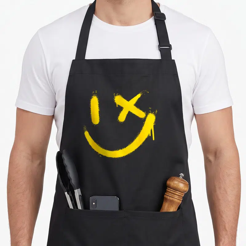 Tablier de cuisine noir avec un visage souriant jaune peint en aérographe, l'œil droit remplacé par une croix.