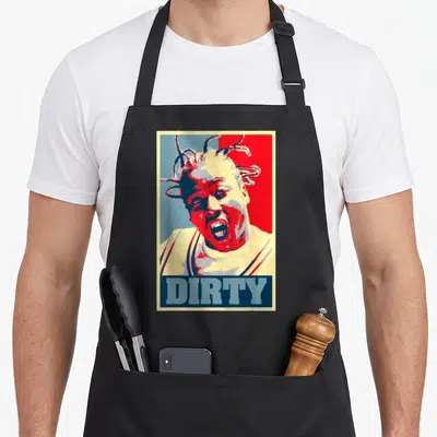 Tablier de cuisine noir avec illustration ODB style poster politique couleur rouge et bleu texte DIRTY