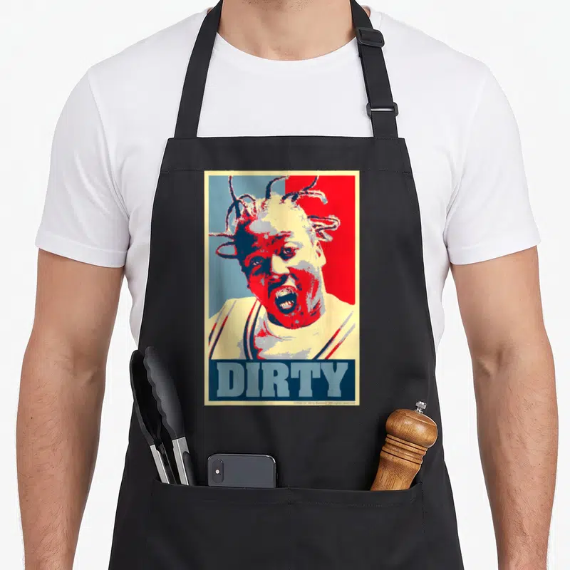 Tablier de cuisine noir avec illustration ODB style poster politique couleur rouge et bleu texte DIRTY