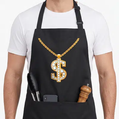 Tablier de cuisine noir avec un collier dollar doré serti de diamants bleus clairs sur fond gris uni.