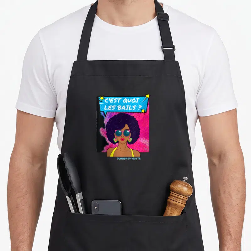 Tablier de cuisine noir avec illustration pop art d'une femme aux lunettes roses et bulle bleue C'est quoi les bails ?