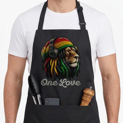 Tablier de cuisine noir avec tête de lion aux cheveux reggae et inscription One Love en bas.