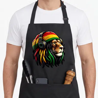 Tablier de cuisine noir avec un lion aux dreadlocks reggae et casque audio multicolore