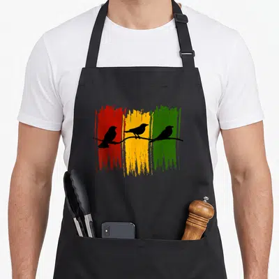 Tablier de cuisine noir avec trois oiseaux noirs perchés sur une branche devant des traits rouges, jaunes et verts.