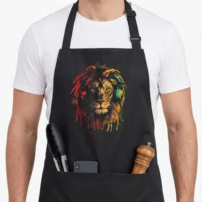 Tablier de cuisine noir avec illustration d'un lion aux cheveux rasta portant des écouteurs colorés