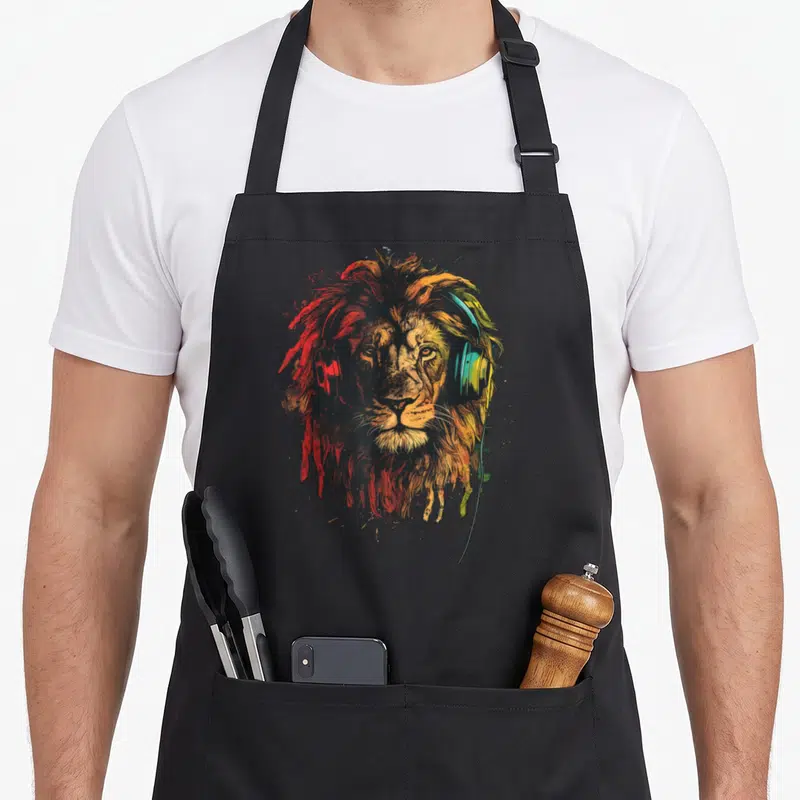Tablier de cuisine noir avec illustration d'un lion aux cheveux rasta portant des écouteurs colorés