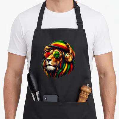 Tablier de cuisine noir avec un lion Rasta aux cheveux multicolores, lunettes et casque audio doré.