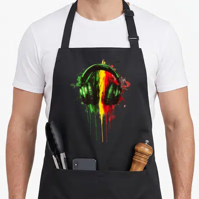 Tablier de cuisine noir avec un casque audio aux couleurs Rasta et des éclaboussures de peinture.