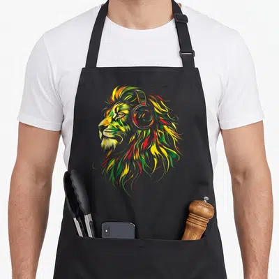 Tablier de cuisine noir avec illustration colorée d'un lion de Judah portant un casque audio aux teintes vert jaune et rouge.