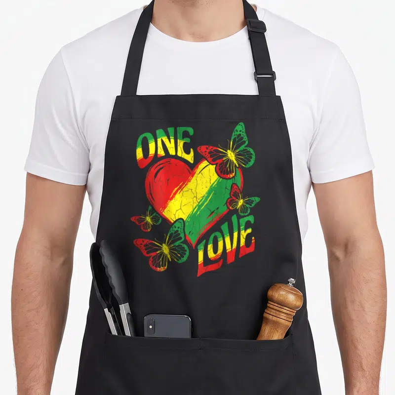 Tablier de cuisine noir avec un cœur tricolore Rasta, les mots One Love et quatre papillons aux ailes fines vertes et jaunes.