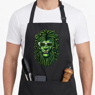 Tablier de cuisine noir avec illustration d'un lion vert aux dreadlocks et lunettes blanches, style reggae.