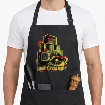 Tablier de cuisine noir avec une tour d'enceintes colorées et une platine vinyle portant l'inscription Roots & Culture.