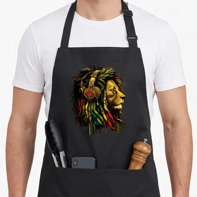 Tablier de cuisine noir avec illustration d'un lion aux dreadlocks rasta portant un casque audio doré sur fond uni.