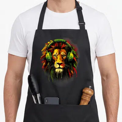 Tablier de cuisine noir avec un lion Rasta aux dreadlocks rouges jaunes et verts portant des écouteurs musicaux stylisés.