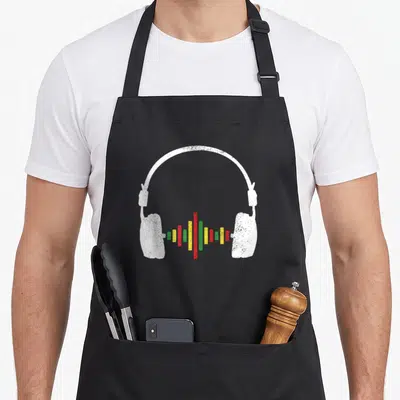 Tablier de cuisine noir avec illustration de casque blanc et barres sonores vertes jaunes rouges