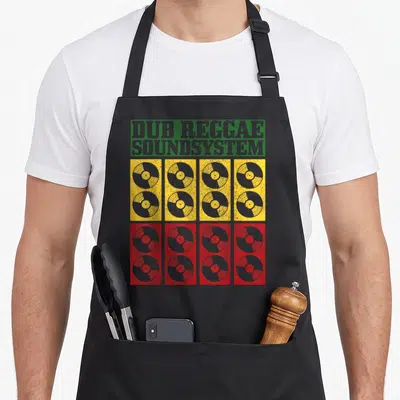 Tablier de cuisine noir avec inscription Dub Reggae Soundsystem et illustrations de disques vinyl jaunes et rouges.