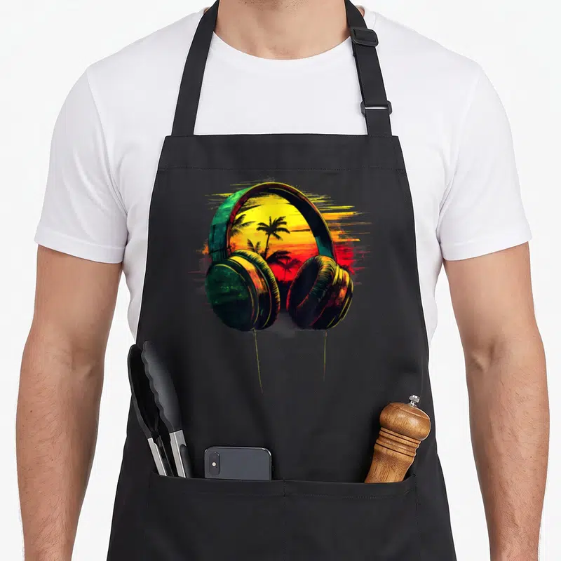 Tablier de cuisine noir avec illustration de casque audio rasta contenant un paysage tropical au coucher du soleil.