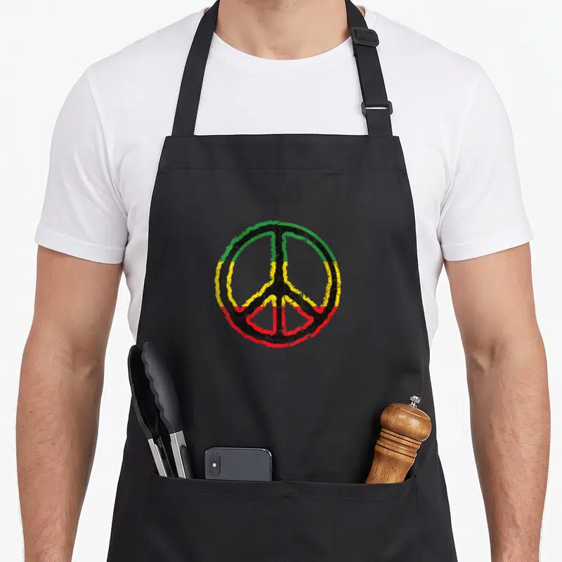 Tablier de cuisine noir avec un grand Peace Sign aux couleurs Rasta vert jaune rouge et noir effet vieilli.