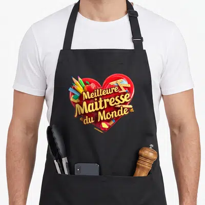 Tablier de cuisine noir avec un grand cœur rouge contenant des crayons, une règle et la mention Meilleure Maitresse du Monde.