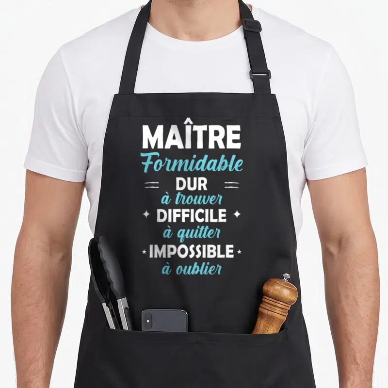 Tablier de cuisine noir avec inscription blanche et bleue Maître Formidable Dur Difficile Impossible à oublier.