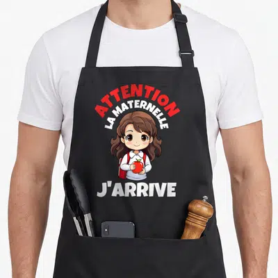 Tablier de cuisine noir avec une illustration de fille tenant une pomme et le texte attention la maternelle j'arrive en rouge et blanc.