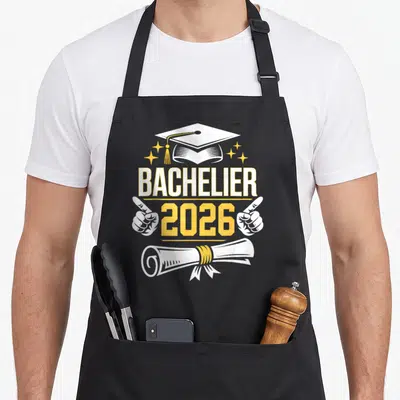 Tablier de cuisine noir avec illustration Bachelier 2026 mèche et rouleau de diplôme doré